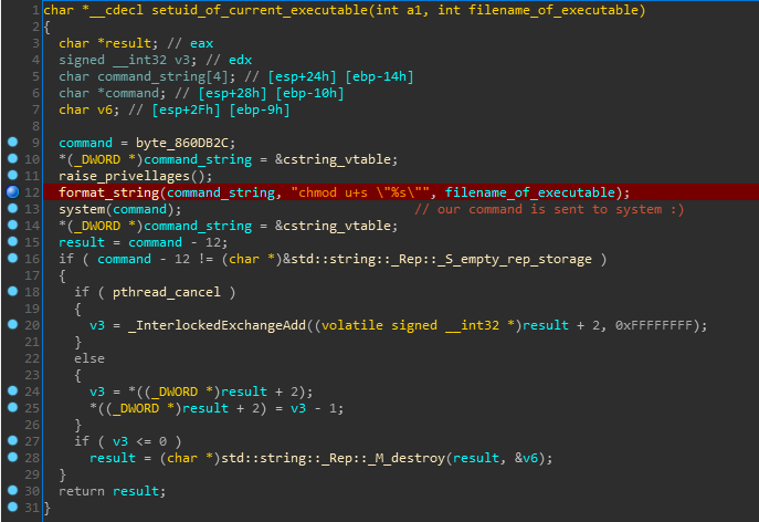 vulnerable function with injected string highlighted